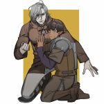  2boys alternate_race armor black_hair black_shirt blue_eyes boots bow bowtie brown_bow brown_bowtie chainmail clenched_hand closed_mouth commentary dark-skinned_male dark_skin dungeon_meshi elf full_body grey_hair hair_over_one_eye hand_on_another&#039;s_chest highres kabru knee_boots kneeling leather_armor long_sleeves looking_at_viewer looking_to_the_side male_focus mithrun multiple_boys muscular muscular_male on_one_knee outside_border pale_skin pauldrons pointy_ears reammara shin_guards shirt short_hair shoulder_armor single_pauldron tight_clothes tight_shirt uneven_eyes yellow_background 