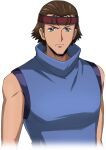  1boy arms_at_sides artist_request bare_shoulders blue_eyes blue_shirt brown_hair closed_mouth code_geass code_geass:_lost_stories cropped_torso game_cg hair_slicked_back headband looking_at_viewer male_focus non-web_source official_art red_headband shirt short_hair simple_background sleeveless sleeveless_shirt solo standing transparent_background turtleneck_shirt upper_body v-shaped_eyebrows yoshida_tooru_(code_geass) 