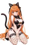  1girl animal_ears black_bow black_footwear bow breasts cat_ears cat_tail cleavage closed_mouth fake_animal_ears fishnet_thighhighs fishnets frown full_body high_heels highres large_breasts long_hair moya_(toatomoot) orange_eyes orange_hair original pout simple_background sitting solo tail thighhighs very_long_hair white_background 