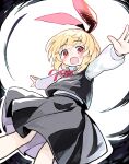  1girl black_skirt black_vest blonde_hair blush collared_shirt darkness highres kibisake long_sleeves open_mouth outstretched_arms red_eyes red_ribbon ribbon rumia shirt short_hair skirt smile solo spread_arms touhou vest white_shirt 