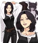alternate_species anthro black_hair blue_eyes blush blush_lines boots clothed clothing domestic_cat dreamworks felid feline felis female footwear hair happy hi_res human humanized kitty_softpaws looking_at_viewer mammal medium_hair puss_in_boots_(dreamworks) signature smile solo sonagee standing tuxedo_cat weapon
