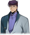  1boy arms_at_sides artist_request blue_jacket blue_shirt closed_mouth code_geass code_geass:_lost_stories cropped_torso game_cg glasses headband jacket long_sleeves looking_at_viewer male_focus minami_yoshitaka non-web_source official_art open_clothes open_jacket purple_eyes purple_hair red_headband rimless_eyewear shirt short_hair simple_background solo standing swept_bangs transparent_background triangular_eyewear upper_body v-shaped_eyebrows 