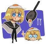  1girl 39w8epp8pk black_sailor_collar blonde_hair blue_background blue_eyes closed_mouth fate_(series) food food_on_head fried_egg frying_pan glasses grey_shirt licking_lips medium_hair multiple_views object_on_head sailor_collar shimeji_simulation shirt smile sparkle tongue tongue_out two-tone_background upper_body white_background yamashita_majime 