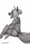 anthro bra canid canine clothing crossed_legs discreet_user eyewear fangs female fluffy fluffy_tail fur furgonomics glasses grey_body grey_fur hair hi_res lingerie mammal open_mouth panties simple_background sitting solo tail teeth underwear white_background white_hair