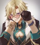  1boy aqua_shirt aventurine_(honkai:_star_rail) black_gloves black_jacket blonde_hair bracelet clothing_cutout collared_shirt earrings fur_trim glasses gloves honkai:_star_rail honkai_(series) jacket jewelry looking_at_viewer male_focus open_mouth pectoral_cleavage pectorals rne_at shirt short_hair smile solo white_background 