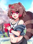  1girl :d animal_ears armpit_crease bandaid bandaid_on_face bandaid_on_nose bare_shoulders belt black_shorts blue_jacket blue_sky blurry blurry_background breasts bright_pupils brown_belt brown_hair brown_tail camisole cherry_blossoms collarbone colored_tips commentary_request corrupted_twitter_file cropped_jacket day groin hair_between_eyes heart highres holding holding_heart jacket jewelry light_blush linea_alba looking_at_viewer midriff multicolored_hair navel necklace off_shoulder outdoors owozu raccoon_ears raccoon_girl raccoon_tail rakkun_sutaru red_eyes red_hair red_wristband short_hair shorts sidelocks sky slash-ex small_breasts smile solo spanish_commentary standing stomach striped_tail tail tree white_camisole white_pupils wristband 