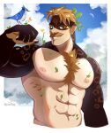  1boy abs absurdres affectionate bara biceps bird bird_on_hand body_fur chest_tuft cloud cloudy_sky colored_skin cropped_torso dark_skin drawreshi florakinesis gift_art hand_up highres large_pectorals leaf leaf_on_head light_brown_hair male_focus mature_male multicolored_skin muscular muscular_male navel nipples nude original pectorals plant short_hair sky smile solo sparse_navel_hair stomach thick_mustache two-tone_skin v-taper very_dark_skin 