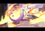  absurdres arms_at_sides commentary_request energy_ball fire from_behind highres kikken letterboxed looking_back mewtwo pokemon pokemon_(creature) solo standing 