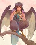  1girl bare_shoulders bird_girl bird_legs bird_wings black_hair bowl brown_eyes chopsticks feathered_wings food green_shirt harpy highres holding holding_bowl holding_chopsticks long_hair looking_at_viewer monster_girl noodles original ramen sandara shirt sitting_on_branch sleeveless sleeveless_shirt solo squatting talons wings 