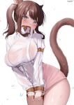 1girl absurdres animal_ears blush braid breasts brown_hair cat_ears cat_girl cat_tail commentary_request covered_mouth cowboy_shot dress dress_tug facial_mark final_fantasy final_fantasy_xiv grey_eyes highres large_breasts long_hair long_sleeves looking_at_viewer miqo&#039;te shhilee short_dress side_ponytail sidelocks simple_background solo sweat tail warrior_of_light_(ff14) wet wet_clothes wet_dress whisker_markings white_background white_dress 