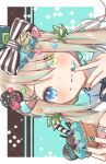  1girl blue_eyes bow chocolate_mint collared_shirt commentary eat_me english_text food food-themed_hair_ornament food_writing hair_ornament hairclip heterochromia highres holding holding_food ice_cream ice_cream_hair_ornament key_hair_ornament leaf_hair_ornament low_twintails mayu-mayu1026 mint_hair_ornament nail_art original patterned_background shirt sideways solo sprinkles striped striped_bow striped_nails twintails wafer_stick yellow_eyes 