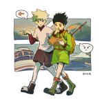  2boys backpack bag black_footwear black_hair blue_eyes blush boat boots brown_shorts chinese_commentary commentary_request gon_freecss green_footwear green_jacket green_shorts highres hunter_x_hunter jacket killua_zoldyck layered_sleeves long_sleeves male_focus mountain multiple_boys ocean open_mouth red_eyes red_shirt shao_ziye shirt short_over_long_sleeves short_sleeves shorts simple_background spiked_hair spoken_symbol twitter_username undershirt watercraft white_background white_hair white_shirt 