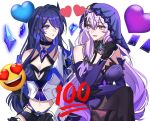  2girls acheron_(honkai:_star_rail) bare_shoulders black_choker black_gloves black_swan_(honkai:_star_rail) blue_eyes blue_hair breasts chibiya1010 choker cleavage coat commentary_request criss-cross_halter dress fingerless_gloves gloves halterneck heart highres honkai:_star_rail honkai_(series) large_breasts long_hair looking_at_another midriff multiple_girls navel parted_lips purple_dress purple_eyes purple_hair simple_background sitting veil very_long_hair white_background white_coat 