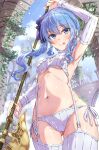  1girl :p alternate_costume armpits ass_visible_through_thighs blue_eyes blue_hair blue_ribbon blush breasts cable_knit closed_mouth commentary_request detached_sleeves fingernails from_below garter_straps hair_between_eyes hair_ribbon halberd highres holding holding_polearm holding_weapon hololive hoshimachi_suisei long_fingernails long_hair looking_at_viewer medium_breasts meme_attire nail_polish navel outdoors overgrown panties pillar pink_nails polearm qussie ribbed_legwear ribbed_panties ribbed_sleeves ribbed_sweater ribbed_thighhighs ribbon ruins side-tie_panties side_ponytail sleeveless sleeveless_sweater sleeveless_turtleneck solo star_(symbol) star_in_eye stomach sweater symbol_in_eye thighhighs tongue tongue_out turtleneck turtleneck_sweater underboob underwear virgin_destroyer_sweater virtual_youtuber weapon white_panties white_sleeves white_sweater white_thighhighs 