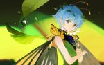  1girl antennae bangs blue_hair butterfly_wings closed_mouth dew_drop dress eternity_larva flower green_dress highres holding holding_flower its8b leaf leaf_on_head looking_at_viewer red_eyes short_hair sleeveless sleeveless_dress smile solo touhou upper_body water_drop white_flower wings 