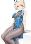  1girl alternate_costume arm_support bare_arms bare_shoulders black_bodysuit blonde_hair blue_archive blue_dress blue_eyes bodysuit braided_hair_rings breasts china_dress chinese_clothes commentary_request double_bun dress fangxiang_cuoluan feet_out_of_frame hair_bun hair_intakes halo highres looking_at_viewer medium_breasts pelvic_curtain sitting sleeveless sleeveless_bodysuit solo toki_(blue_archive) underboob 