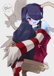  1girl absurdres blue_skin blush colored_skin dress english_text hair_over_one_eye happy_birthday highres leviathan_(skullgirls) object_through_head red_eyes skullgirls smile solo squigly_(skullgirls) stitched_mouth stitches striped_clothes suitchi._(user_trcd4334) 