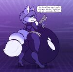  anthro big_butt blue_body blue_fur bodysuit breasts butt canid canine clothing english_text female fox fur hi_res hyper hyper_pregnancy krystal mammal nintendo pregnant rear_view skinsuit slightly_chubby solo star_fox stunnerpony tail tearing_clothing text tight_clothing torn_clothing 