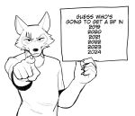 2024 anthro beastars black_and_white canid canine canis claws clothed clothing english_text fur gesture holding_object holding_sign humor jrjresq legoshi_(beastars) looking_at_viewer male mammal meme monochrome pointing pointing_at_viewer reaction_image relatable scar shirt sign simple_background smile solo standing text the_truth topwear tuft white_background wolf