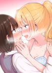  2girls absurdres after_kiss betock blonde_hair blush brown_hair eye_contact gradient_background highres looking_at_another multiple_girls open_mouth original pink_background ponytail saliva saliva_trail short_hair tears yellow_eyes yuri 