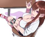  1girl bracelet breasts brown_hair candy cellphone chair cleavage crossed_legs desk earrings food grin gyaru hair_over_one_eye jewelry jinroku lollipop long_hair looking_at_viewer mole mole_on_breast necklace original phone pink_nails pink_socks pleated_skirt purple_eyes school_chair school_desk shoes sitting skirt smartphone smile socks solo uwabaki 