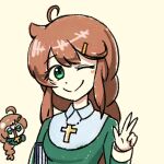  1girl 4chan ;) ahoge blush braid breasts brown_hair christ-chan christianity closed_mouth collared_dress cross dress green_dress green_eyes hair_ornament hand_up holding latin_cross long_sleeves looking_at_viewer numenoko one_eye_closed open_mouth religion simple_background sleeve_cuffs smile solo tan_tan_pou upper_body v yellow_background 