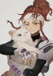  1girl akihare animal armor black_shirt braid brigitte_(overwatch) brown_eyes brown_hair cat chain_necklace closed_mouth elbow_gloves fingerless_gloves gloves grey_background half-closed_eye headband highres holding holding_animal jewelry long_hair long_sleeves looking_at_viewer necklace one_eye_closed overwatch overwatch_2 ponytail shirt shoulder_armor simple_background single_elbow_glove solo twin_braids upper_body weibo_logo weibo_username white_cat white_gloves white_headband 