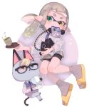  1girl absurdres animal_crossing bangs black_shorts blue_necktie cat cup food green_eyes grey_hair grey_socks heterochromia highres holding holding_cup holding_food holding_phone inkling inkling_girl long_sleeves looking_at_another mikoshiba_m milk_carton necktie phone pointy_ears raymond_(animal_crossing) shirt short_shorts shorts socks splatoon_(series) tea tentacle_hair white_background white_shirt yellow_eyes yellow_footwear 