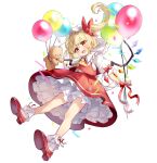  1girl ascot balloon blonde_hair blush collared_shirt commentary crystal fang flandre_scarlet frilled_shirt_collar frills hat highres long_hair mob_cap one_side_up open_mouth paragasu_(parags112) petticoat puffy_short_sleeves puffy_sleeves red_eyes red_footwear red_skirt red_vest shirt shoes short_sleeves simple_background skirt smile socks solo stuffed_animal stuffed_toy symbol-only_commentary teddy_bear touhou vest white_background white_headwear white_shirt white_socks wings yellow_ascot 