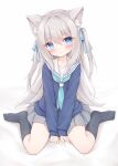  1girl :t animal_ear_fluff animal_ears aqua_neckerchief black_socks blue_cardigan blue_eyes blue_ribbon blush cardigan cat_ears cat_girl closed_mouth collarbone commentary_request full_body grey_hair grey_skirt hair_between_eyes hair_ribbon highres long_hair long_sleeves miniskirt mochizuki_riku neckerchief no_shoes original pleated_skirt pout puffy_long_sleeves puffy_sleeves ribbon sailor_collar simple_background sitting skirt socks solo two_side_up wariza white_background white_sailor_collar 