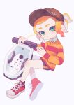  1girl absurdres black_shorts bucket collared_shirt full_body green_eyes highres holding holding_bucket inkling inkling_girl mikoshiba_m open_mouth orange_hair orange_shirt pointy_ears red_footwear red_shirt shirt shoes short_hair short_shorts shorts simple_background sneakers splatoon_(series) striped striped_shirt tentacle_hair wavy_hair white_background 