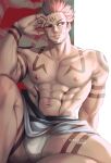  1boy abs absurdres bara body_markings facial_mark fingernails fundoshi grey_kimono highres japanese_clothes jujutsu_kaisen kimono large_pectorals male_focus muscular muscular_male navel nipples pectorals pink_hair red_eyes reddjackal ryoumen_sukuna_(jujutsu_kaisen) sharp_fingernails short_hair sitting smile solo thick_thighs thighs 