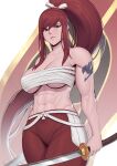  1girl abs absurdres bow breasts chest_sarashi erza_scarlet fairy_tail hair_bow highres holding holding_sword holding_weapon katana large_breasts long_hair looking_at_viewer muscular muscular_female navel official_alternate_costume pants ponytail red_hair red_pants sarashi shoulder_tattoo solo speedl00ver sword tattoo toned weapon white_bow 