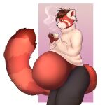 ailurid anthro belly big_belly black_bottomwear black_clothing black_pants bottomwear brown_hair clothing cozy fluffy fluffy_tail hair hi_res holding_mug holding_object long_tail male mammal mug navel pants pregnant pregnant_male red_panda ro. simple_background solo standing steam sweater tail thick_thighs tobor topwear turtleneck