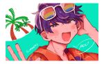  1boy blue_nails blue_pupils blush english_text hand_on_own_head hawaiian_shirt highres leviathan_(obey_me!) looking_at_viewer obey_me!:_one_master_to_rule_them_all! orange_eyes palm_tree shirt smile sunglasses sweat tree two-tone_eyes user_vvcv3324 waving 