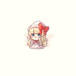  1girl blonde_hair blue_eyes blush capelet chibi dress fairy fairy_wings hat highres lily_white long_hair long_sleeves simple_background solo suna_sen touhou white_background white_capelet white_dress white_headwear wide_sleeves wings 
