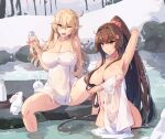  2girls alternate_costume arm_up armpits artist_name bare_shoulders bathing blonde_hair blue_eyes breasts brown_hair cleavage dated hair_intakes highres himeyamato huge_breasts iowa_(kancolle) kantai_collection large_breasts long_hair multiple_girls naked_towel navel nude one_eye_closed onsen outdoors ponytail rabbit see-through snow spread_legs star-shaped_pupils star_(symbol) symbol-shaped_pupils towel very_long_hair yamato_(kancolle) 