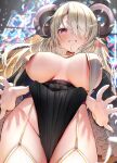  1girl animal_ears blonde_hair blush breasts covered_nipples curled_horns from_below garter_straps grin hair_over_one_eye highres horns indie_virtual_youtuber inori_marie large_breasts long_hair looking_at_viewer looking_down nidaime_(doronbo) no_bra nun parted_lips pink_hair sheep_ears sheep_girl sheep_horns smile solo stained_glass thighhighs white_thighhighs 