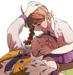  1boy 1girl arven_(pokemon) braid brown_eyes brown_hair collared_shirt hair_over_one_eye hand_on_another&#039;s_face hand_on_another&#039;s_head hetero highres juliana_(pokemon) lap_pillow light_brown_hair medium_hair multicolored_hair necktie open_clothes open_vest pokemon pokemon_(game) pokemon_sv purple_necktie school_uniform shinonome_yuniko shirt short_hair shorts smile two-tone_hair uva_academy_school_uniform vest white_shirt yellow_vest 