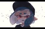  aqua_hair bandaid bandaid_on_face bangs black_headwear close-up crying crying_with_eyes_open dust fang grey_jacket hat highres inkling inkling_girl jacket mikoshiba_m pink_eyes pointy_ears shirt short_hair splatoon_(series) tears tentacle_hair white_background white_shirt wind 