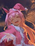  1girl alternate_costume animal_ears ear_covers hairband half-closed_eye haru_urara_(umamusume) hat horse_ears inishie_kumo jacket long_hair long_sleeves looking_at_viewer one_eye_closed open_mouth pink_hair pink_jacket ponytail reaching reaching_towards_viewer santa_hat smile solo umamusume upper_body 