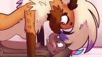 16:9 anthro bed brown_body brown_fur dyed_fur female female_on_top fur furniture hairdye hyena mammal mane mouse murid murine nonbinary_(lore) on_top pinned rodent trevor-fox trevor-fox_(character) widescreen