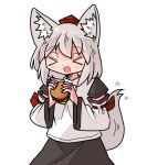  &gt;_&lt; 1girl animal_ears black_skirt burger closed_eyes cowboy_shot detached_sleeves food grey_hair hat holding holding_food inubashiri_momiji kasuya_baian open_mouth red_headwear ribbon-trimmed_sleeves ribbon_trim short_hair simple_background skirt solo tail tate_eboshi tokin_hat touhou white_background wolf_ears wolf_girl wolf_tail 