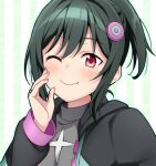  1girl black_jacket closed_mouth fang fang_out go_our_way! green_hair grey_shirt hair_between_eyes hair_ornament highres hood hooded_jacket jacket jewelry long_sleeves looking_at_viewer love_live! love_live!_nijigasaki_high_school_idol_club mifune_shioriko one_eye_closed open_clothes open_jacket red_eyes ring shirt short_hair short_ponytail sidelocks smile solo striped_background upper_body yamada_taishi 