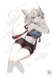  1girl :&lt; absurdres animal_ear_fluff animal_ears animal_nose artist_name bare_arms bare_shoulders black_shorts blue_shirt blunt_bangs cat_ears cat_girl cat_tail crop_top cropped_legs feet_out_of_frame furry furry_female highres kawarage_yatano knees_together_feet_apart looking_at_viewer midriff navel original shirt short_hair shorts simple_background solo tail tassel twisted_torso white_background white_hair yellow_eyes 