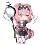 1girl :d absurdres animal_ears arknights arm_up black_hairband black_skirt blue_bow bow braid cat_ears cat_girl cat_tail chibi full_body garter_straps goldenglow_(arknights) hair_bow hairband highres holding holding_staff jacket lightning_bolt_print long_hair long_sleeves open_clothes open_jacket pink_hair pink_jacket print_hairband puffy_long_sleeves puffy_sleeves shirt shoes single_braid skirt smile solo spam_(spamham4506) staff standing tail thighhighs white_footwear white_shirt white_thighhighs yellow_eyes 