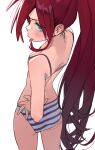 1girl :p ass back bikini blue_eyes blush breasts hand_on_own_hip highres hipa_(some1else45) long_hair original red_hair simple_background small_breasts solo some1else45 striped_bikini striped_clothes swimsuit tongue tongue_out very_long_hair white_background 