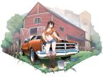  1girl absurdres barn boots breasts brown_hair bucket car cleavage clothing_request cowboy_boots denim denim_shorts gie_(gienara) ground_vehicle highres holden holden_monaro midriff monero-chan motor_vehicle multicolored_hair navel on_vehicle original outdoors second-party_source shorts silo solo tachi-e transparent_background 