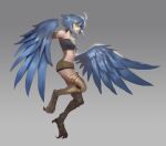  1girl ahoge bandeau blue_hair blue_wings breasts digitigrade feathered_wings feathers full_body grey_background harpy highres josh_corpuz monster_girl monster_musume_no_iru_nichijou navel papi_(monster_musume) scales short_shorts shorts small_breasts smile solo talons winged_arms wings yellow_eyes 
