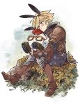  1boy =_= animal_ears armor blonde_hair blue_pants boots breastplate brown_footwear brown_gloves commentary_request cube_(live_a_live) dot_mouth elbow_gloves fake_animal_ears fingerless_gloves flower from_side full_body glasses gloves hair_over_one_eye highres holding knee_pads live_a_live male_focus oersted omomomizu on_grass one_eye_covered outdoors pants pauldrons rabbit_ear_hairband robot short_hair shoulder_armor signature sitting thigh_boots white_background yellow_eyes yellow_flower 